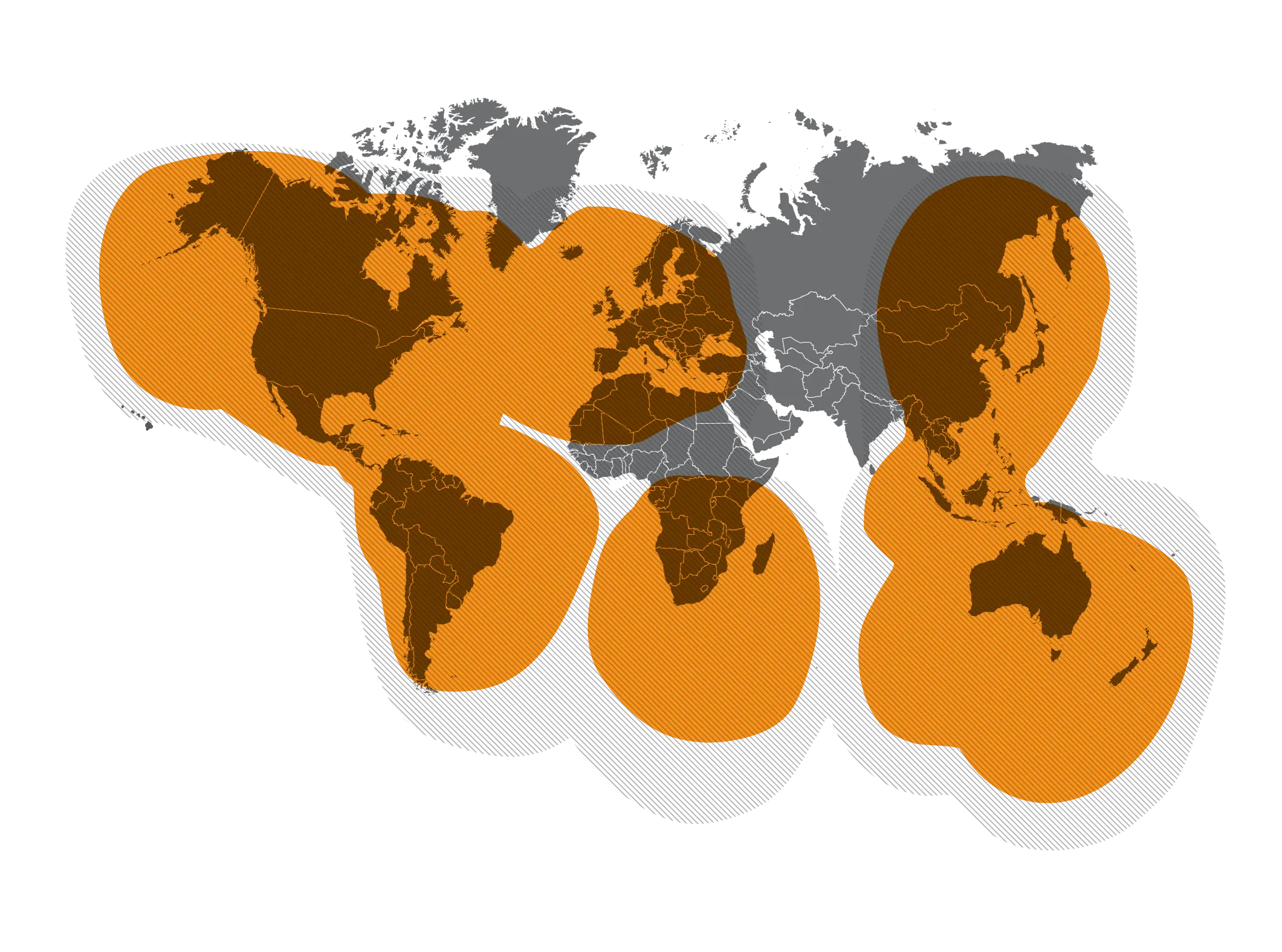 Globalstar IoT satellite coverage map — primary and fringe coverage zones